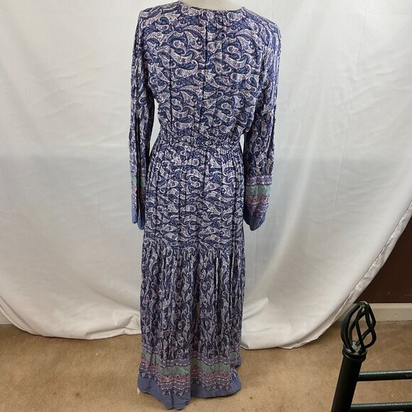 Few Moda Maxi Dress L Blue White Mint Magenta Floral Paisley V-Neck Long Sleeve - Picture 8 of 13